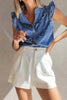 Sky Blue Mineral Wash Cap Sleeve Frilled Button Up Denim Shirt