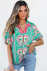 Sea Green Boho Abstract Print Contrast Striped Collared V Neck Blouse