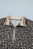 Khaki Leopard Print Half Zip Striped Trim Patchwork Short Sleeve Top