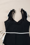 Black Color Contrast Ruffled Wrap V Neck Swimsuit