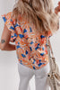 Orange Summer Flower Print Notched Neck Ruffle Sleeve Blouse