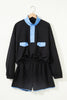 Black Color Block Patchwork Half Button Pullover and Shorts 2pcs Outfit
