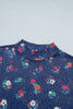 Blue Polka Dot Floral Mesh Long Sleeve High Neck Pullover Sheath Top