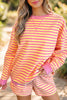 Yellow Stripe Color Block Trim Round Neck Long Sleeve Top Casual Shorts 2pcs Set
