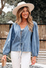 Dusk Blue Tied Front Long Puff Sleeve Denim Top