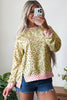 Khaki Leopard Polka Dot Colorblock Trim Long Sleeve Top