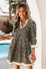 Black Leopard Print Striped Color Block Trim V Neck Bracelet Sleeve Mini Dress