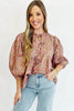 Light French Beige Floral Print Bow Pintuck Bust Half Puff Sleeve Blouse Top