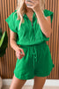 Bright Green Textured Short Sleeve Half Zip Drawstring Waist Romper