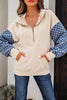 Parchment Checkered Patchwork Kangaroo Pocket Half Zipper Hoodie