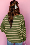 Khaki Stripe Drop Shoulder Casual Sweater