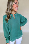 Bright Pink Solid Color Notched Neck Drop Shoulder Sweatshirt