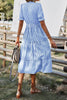Sky Blue Stripe Button Tassel Tie Detail Frilled Short Sleeve Flared Midi Dress
