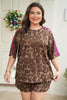 Brown Retro Leopard Print Contrast Varsity Stripe Trim Plus Size 2pcs Short Set