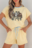 Yellow Cream Ribbed Knit Two Piece Set Sequin Horse Patched Casual Short Set