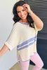 White Striped V Neck Dolman Sleeve Rib Knit Oversized Sweater with Slits
