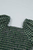 Green Plaid Square Neck Shirred High Waist Ruffle Hem Dress