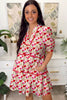 Red Floral Puff Sleeve Tiered Ric Rac Pocketed Mini Dress