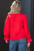 Black Striped Trim Ruffle Split Neck Long Sleeve Blouse