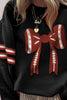 Black Varsity Baseball Bow Graphic Striped Sleeve Baggy Sweatshirt