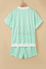 Green Polka Dot Print Color Block Trim Mock Neck Short Set