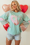 Beige Plaid Floral Peace Heart Graphic Wide Long Sleeve Top