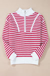 Pink Stripe Zip up Collar Drop Shoulder Sweater