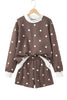 Brown Polka Dot Ribbed Trim Long Sleeve Top Casual Short Set