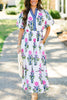 Blue Floral Puff Short Sleeve V Neck High Waist Maxi Dress