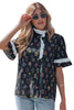 Black Contrast Frilled Trim Short Sleeve Floral Shirt