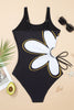 Black Drawstring Big Hole Floral Print Sleeveless One Piece Swimsuit