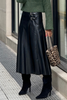 Black Faux Leather Retro Buckle Detail Pleated Stitch Flared Midi Skirt