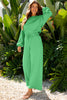 Bright Green Drop Shoulder Puff Sleeve Crop Pullover Drawstring Wide Leg Pants Set