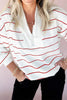 Fiery Red Zip V Neck Casual Stripe Print Drop Shoulder Long Sleeve Top