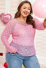 Pink Plus Size Bow Embroidered Mesh Long Sleeve Top