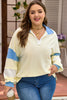 Yellow Cream Raw Seam Color Block Patchwork Plus Size V Neck Pullover