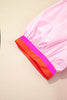 Pink Contrast Striped V Neck Collision Short Puff Sleeve Blouse