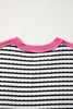 Black Stripe Textured Knit Twisted Rib Contrast Patchwork V Neck Long Sleeve Top