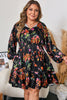 Black Plus Size Floral Print Tie Neck Cinched Waist Long Sleeve Mini Dress
