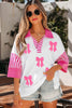 White Sequin Bow Pattern Striped Color Block Collar Half Sleeve Shift Top