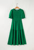 Dark Green Solid Textured Smocked Puff Short Sleeve High Waist Long Dress