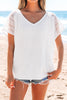 White Lace Crochet Textured Button Back V Neck T Shirt