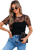 Black Bow Knot Dotted See-through Mesh Patched Slim Fit Blouse