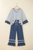 Blue Stripe V Neck Ruffle Contrast Sleeve Top Drawstring Pants 2pcs Set