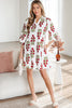 White Floral Print V Neck 3/4 Sleeve Loose Mini Dress
