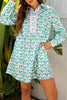 Green Floral Print Notched Neck Scalloped Detail Long Sleeve Mini Dress