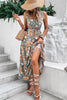Green Floral Print Trimmed V Neck Tie Waist Sleeveless Holiday Long Dress