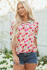 Red Floral Print Striped Patchwork Collared Short Sleeve Blouse