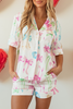 White Bowknot Print Buttoned Shirt High Waist Shorts Pajama Set