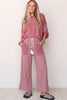 Fushia Raw Seam Patchwork Long Sleeve Top Pocket Casual Pants 2pcs Set